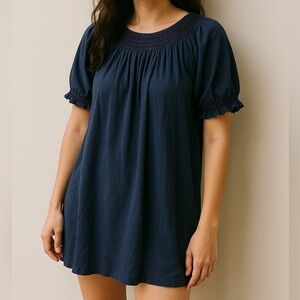 Lake Navy Smocked Puff Sleeve Nightgown Dress Medium Pima Cotton Casual